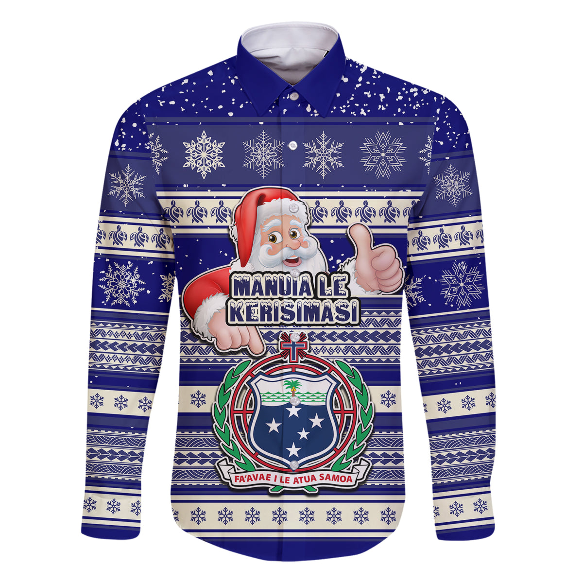 Samoa Christmas Family Matching Short Sleeve Bodycon Dress and Hawaiian Shirt The Santa Coat of Arms with Samoa Bracelet Pattern LT03 Dad's Shirt - Long Sleeve Blue - Polynesian Pride
