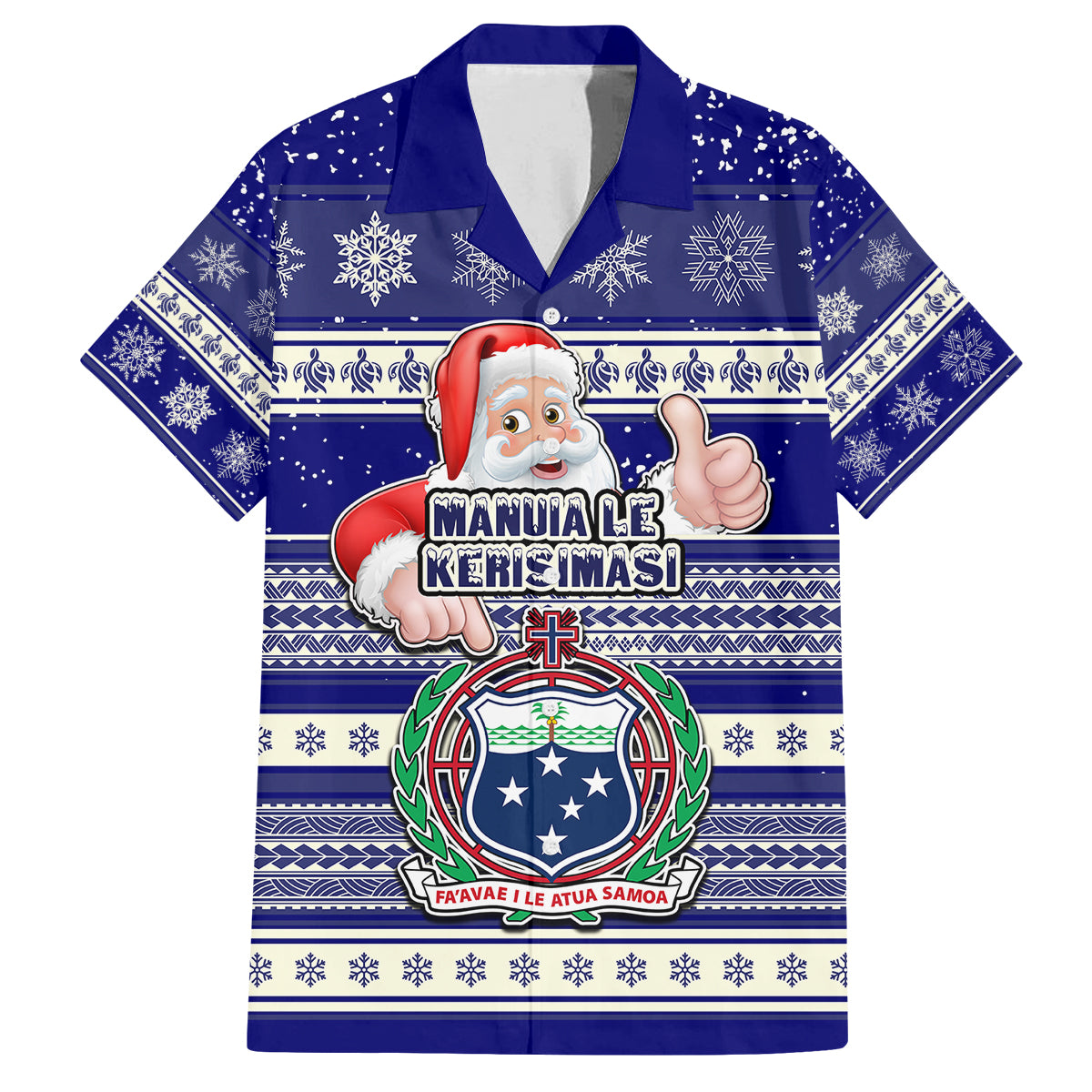 Custom Samoa Christmas Family Matching Off Shoulder Short Dress and Hawaiian Shirt The Santa Coat of Arms with Samoa Bracelet Pattern LT03 Dad's Shirt - Short Sleeve Blue - Polynesian Pride