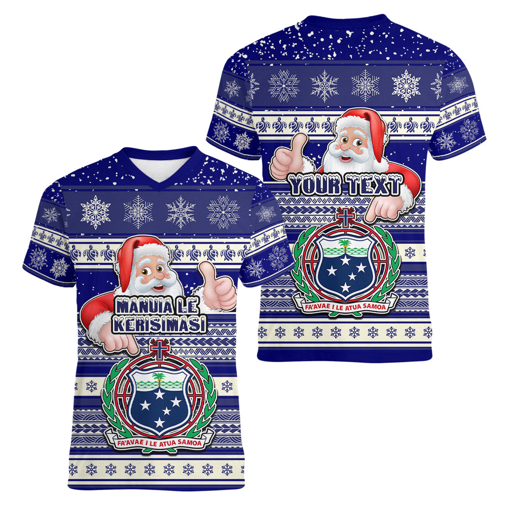 Custom Samoa Christmas Women V Neck T Shirt The Santa Coat of Arms with Samoa Bracelet Pattern LT03 - Polynesian Pride