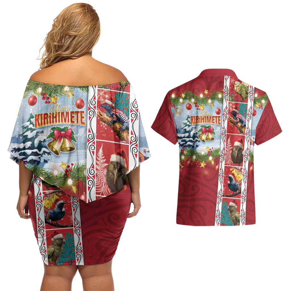 New Zealand Merry Christmas Couples Matching Off Shoulder Short Dress and Hawaiian Shirt Maori Animals, Koru Tattoo - Red Xmas Style
