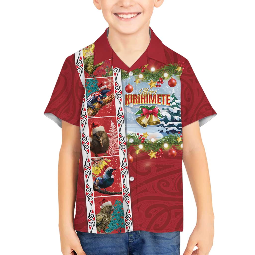 New Zealand Merry Christmas Family Matching Tank Maxi Dress and Hawaiian Shirt Maori Animals, Koru Tattoo - Red Xmas Style