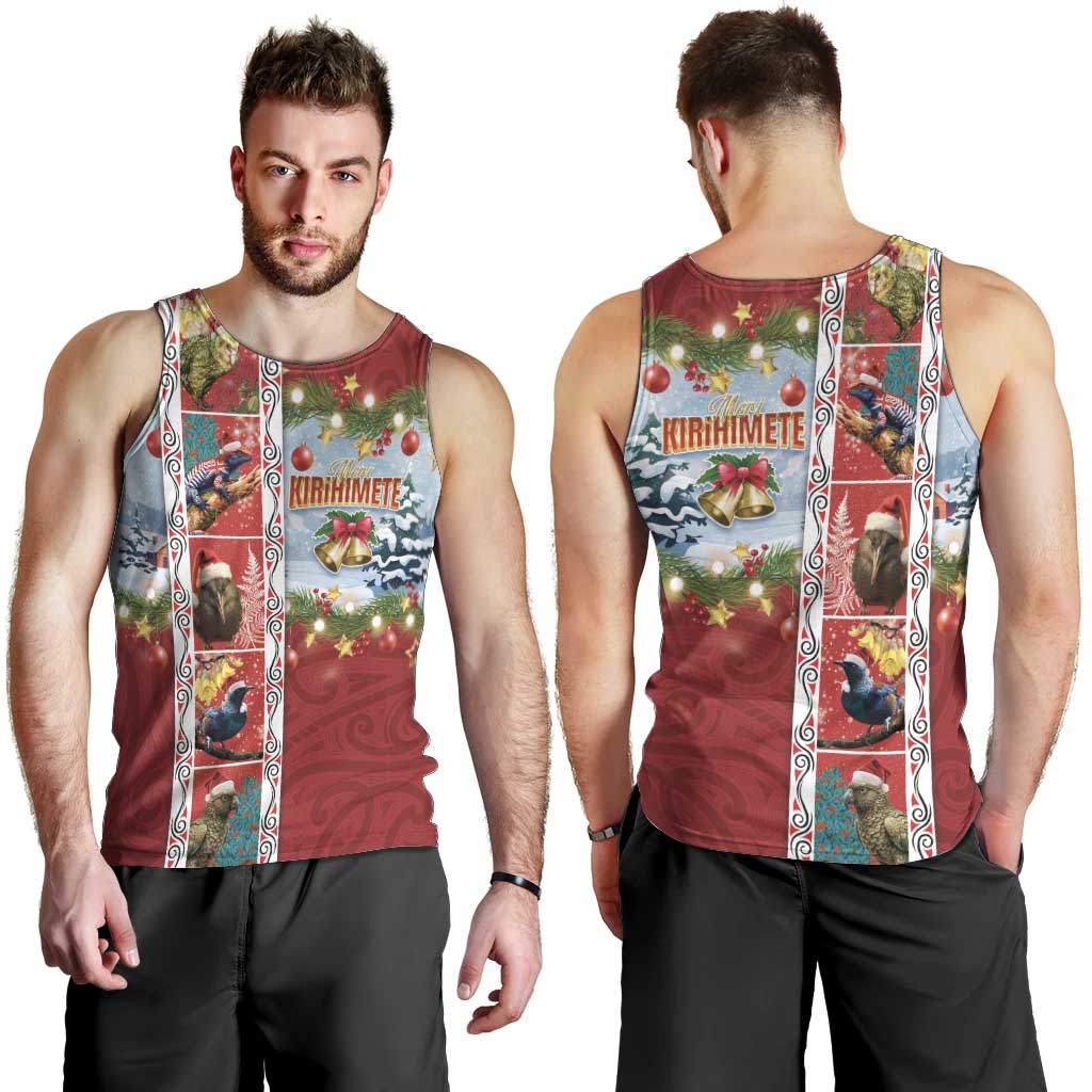 New Zealand Merry Christmas Men Tank Top Maori Animals, Koru Tattoo - Red Xmas Style