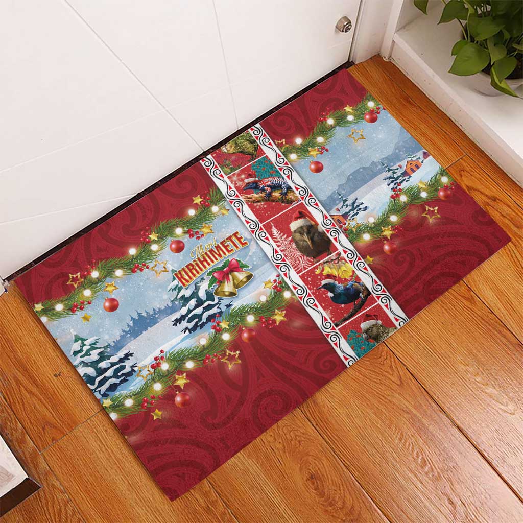 New Zealand Merry Christmas Rubber Doormat Maori Animals, Koru Tattoo - Red Xmas Style