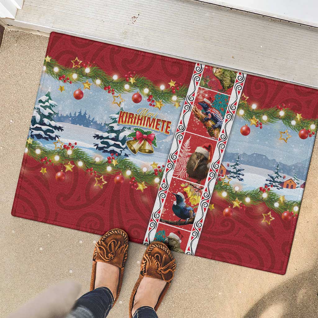 New Zealand Merry Christmas Rubber Doormat Maori Animals, Koru Tattoo - Red Xmas Style