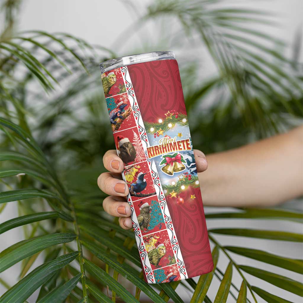 New Zealand Merry Christmas Skinny Tumbler Maori Animals Xmas Style and Koru Tattoo Red Color