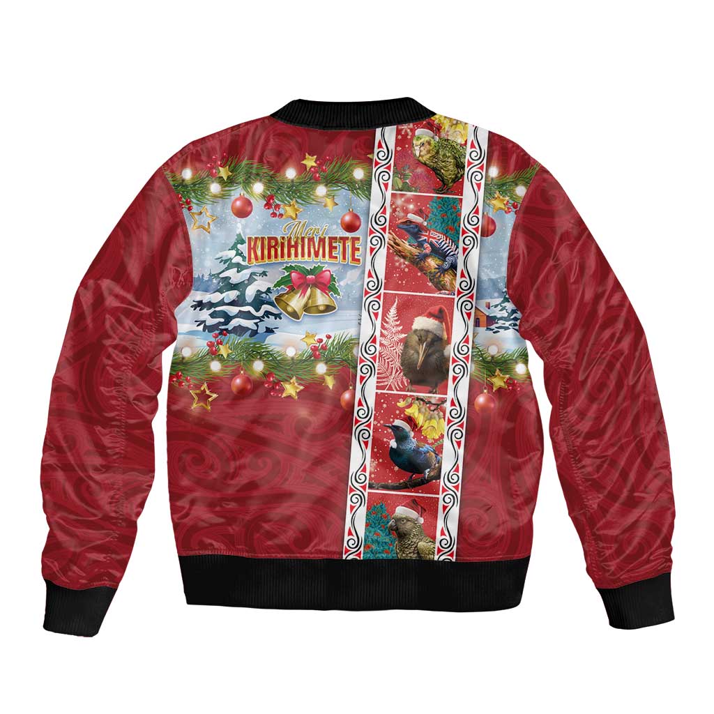 New Zealand Merry Christmas Sleeve Zip Bomber Jacket Maori Animals, Koru Tattoo - Red Xmas Style