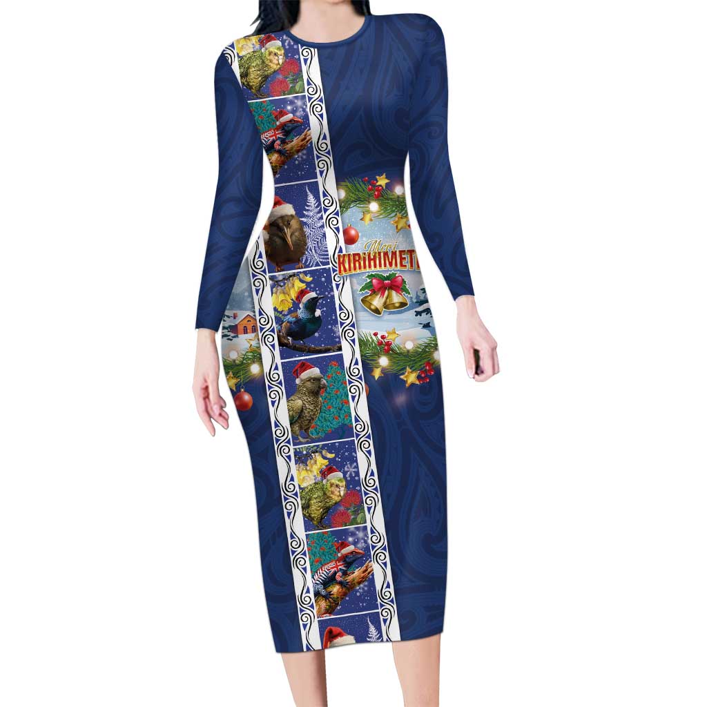 New Zealand Merry Christmas Family Matching Long Sleeve Bodycon Dress and Hawaiian Shirt Maori Animals, Koru Tattoo - Blue Xmas Style