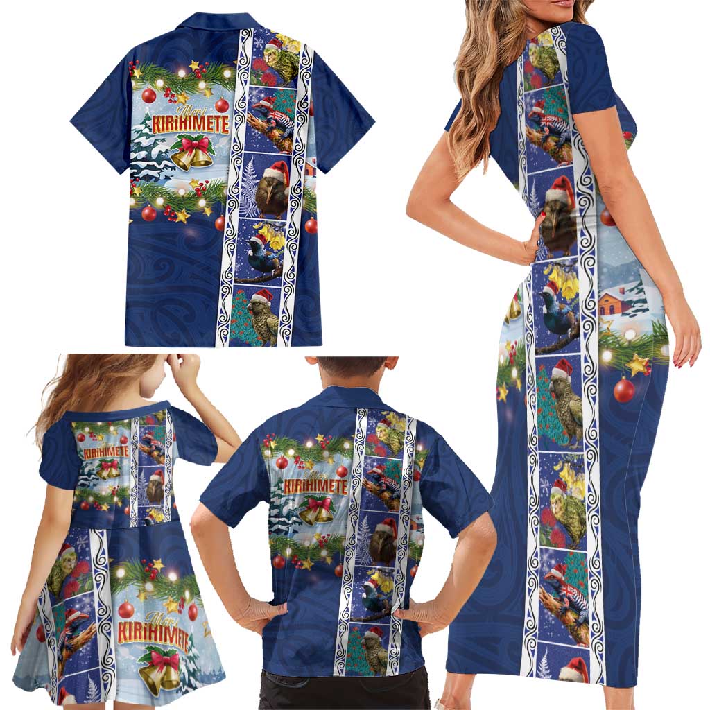 New Zealand Merry Christmas Family Matching Short Sleeve Bodycon Dress and Hawaiian Shirt Maori Animals, Koru Tattoo - Blue Xmas Style