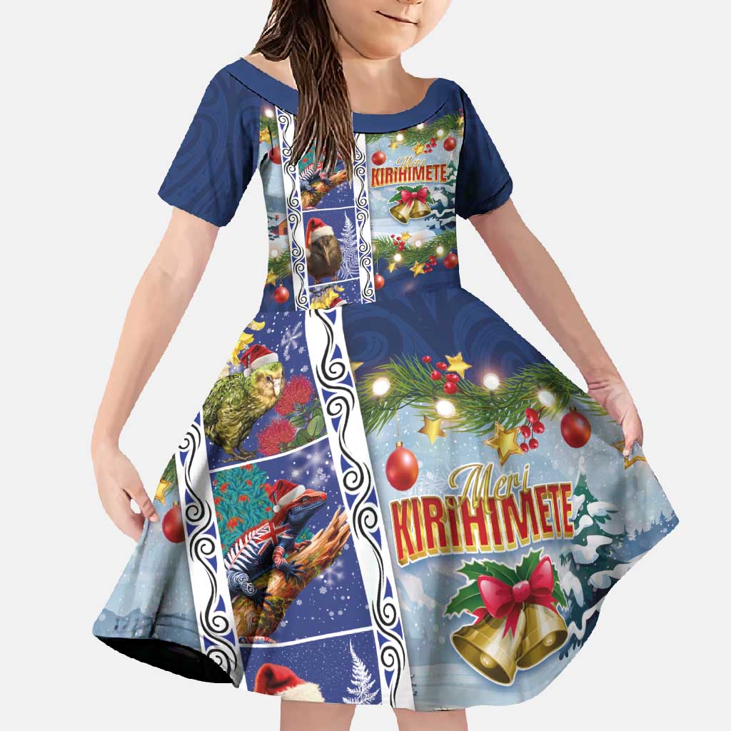 New Zealand Merry Christmas Family Matching Summer Maxi Dress and Hawaiian Shirt Maori Animals, Koru Tattoo - Blue Xmas Style LT03 Daughter's Dress Blue - Polynesian Pride