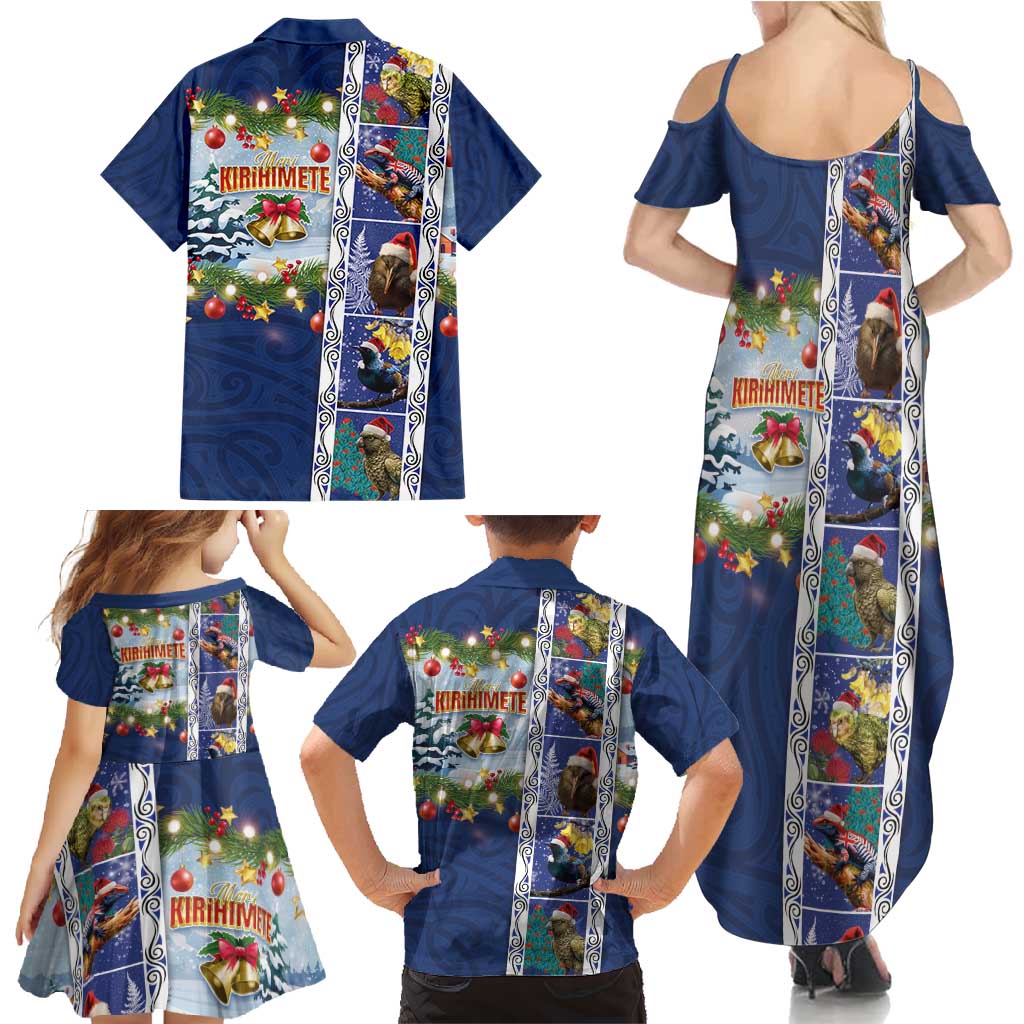 New Zealand Merry Christmas Family Matching Summer Maxi Dress and Hawaiian Shirt Maori Animals, Koru Tattoo - Blue Xmas Style LT03 - Polynesian Pride