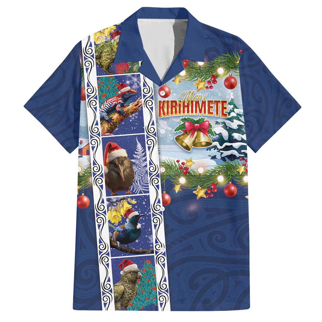 New Zealand Merry Christmas Family Matching Summer Maxi Dress and Hawaiian Shirt Maori Animals, Koru Tattoo - Blue Xmas Style LT03 Dad's Shirt - Short Sleeve Blue - Polynesian Pride