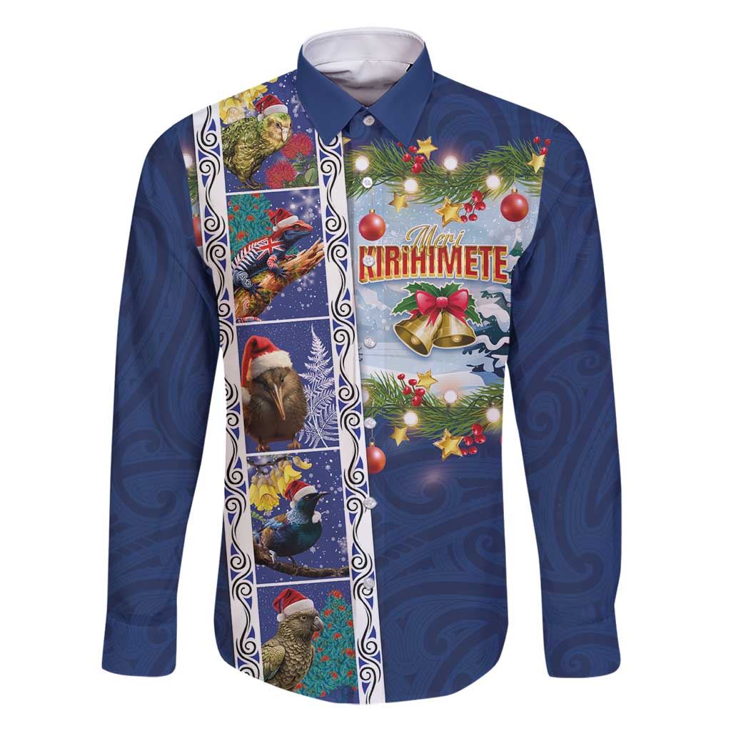 New Zealand Merry Christmas Family Matching Summer Maxi Dress and Hawaiian Shirt Maori Animals, Koru Tattoo - Blue Xmas Style LT03 Dad's Shirt - Long Sleeve Blue - Polynesian Pride