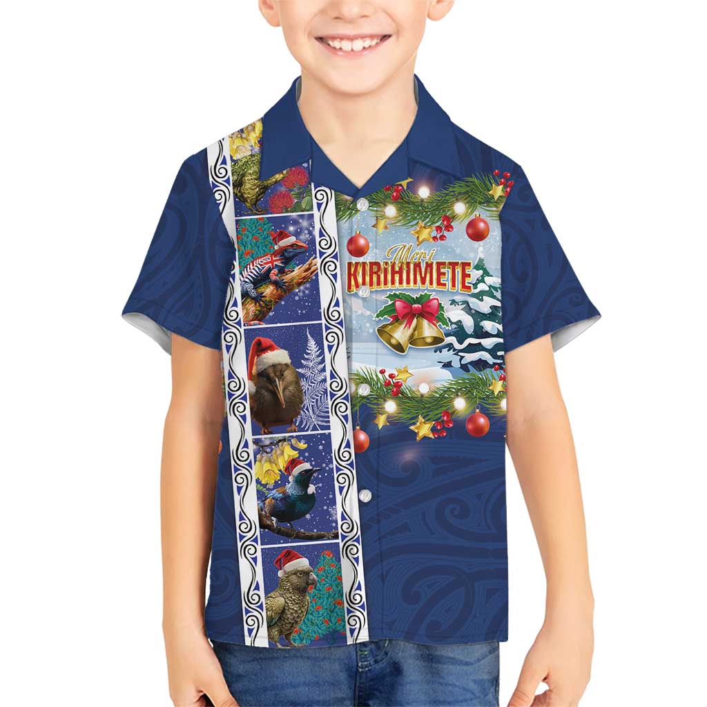 New Zealand Merry Christmas Family Matching Summer Maxi Dress and Hawaiian Shirt Maori Animals, Koru Tattoo - Blue Xmas Style LT03 Son's Shirt Blue - Polynesian Pride
