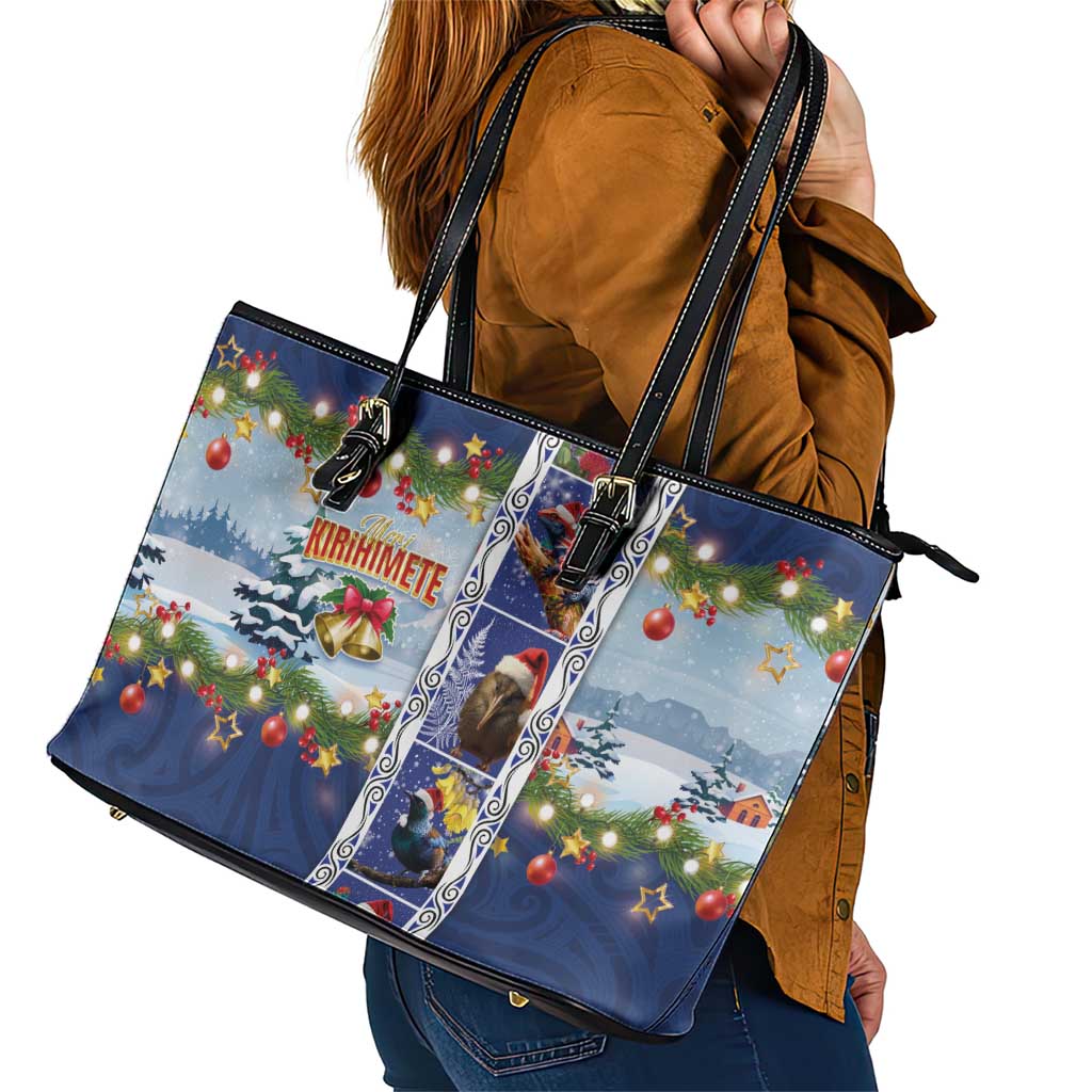 New Zealand Merry Christmas Leather Tote Bag Maori Animals, Koru Tattoo - Blue Xmas Style