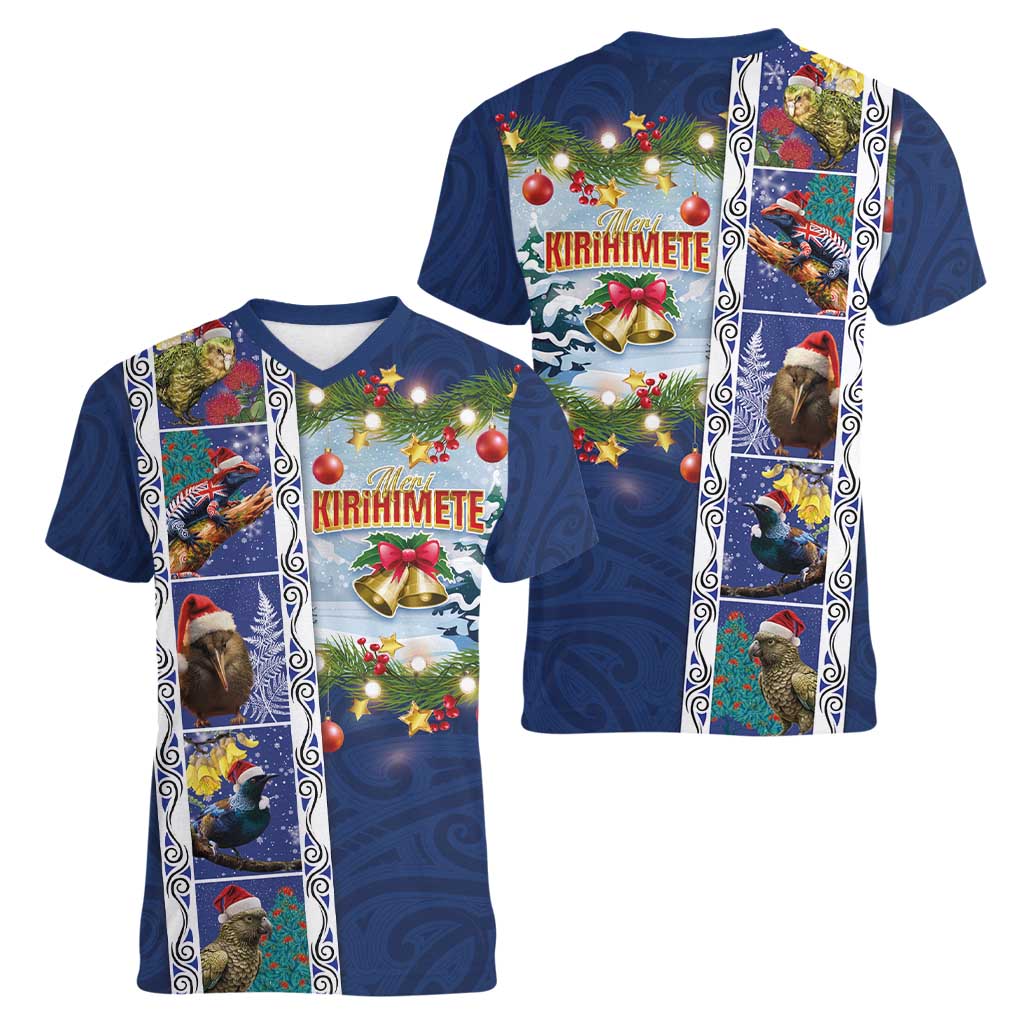 New Zealand Merry Christmas Women V-Neck T-Shirt Maori Animals, Koru Tattoo - Blue Xmas Style