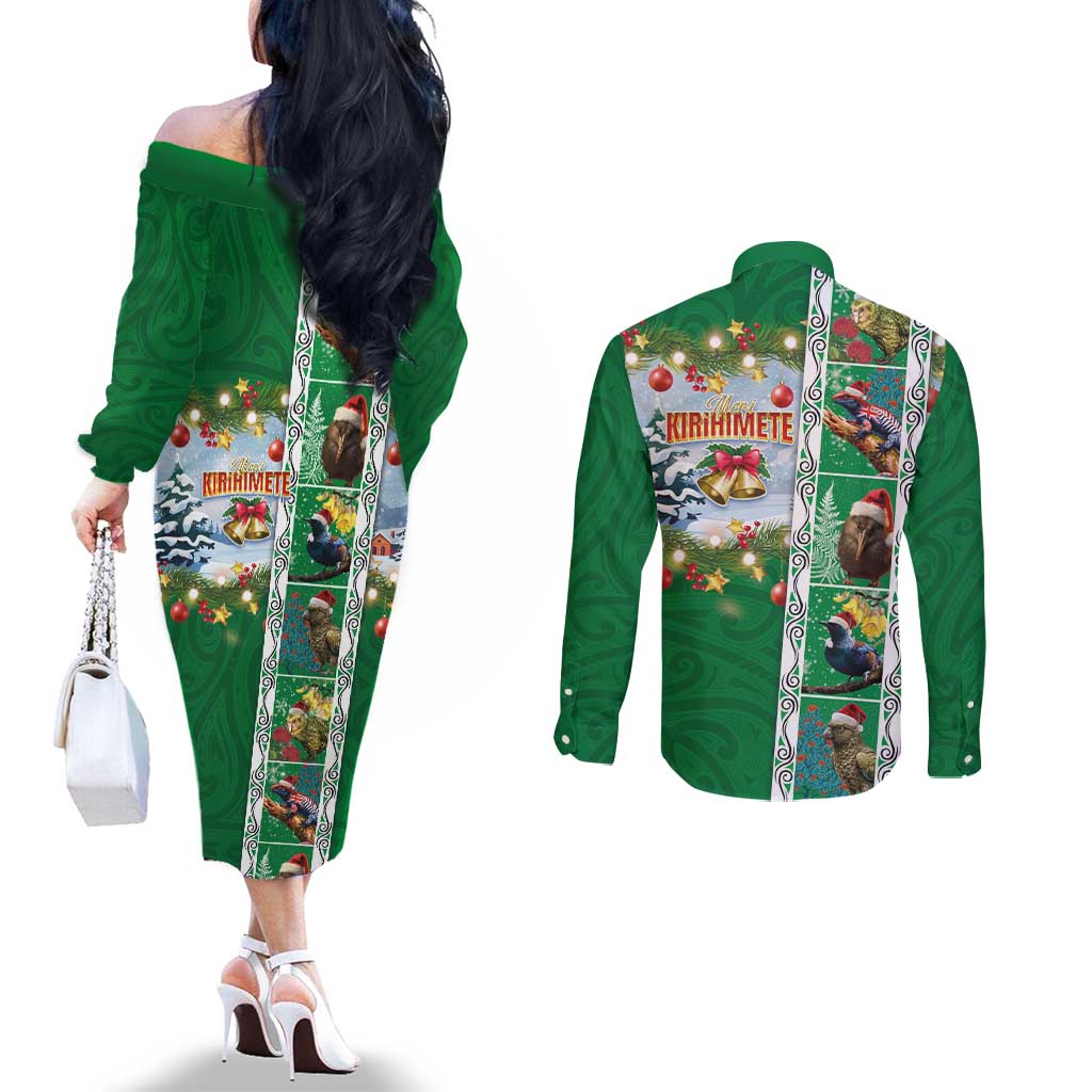 New Zealand Merry Christmas Couples Matching Off The Shoulder Long Sleeve Dress and Long Sleeve Button Shirt Maori Animals, Koru Tattoo - Green Xmas Style