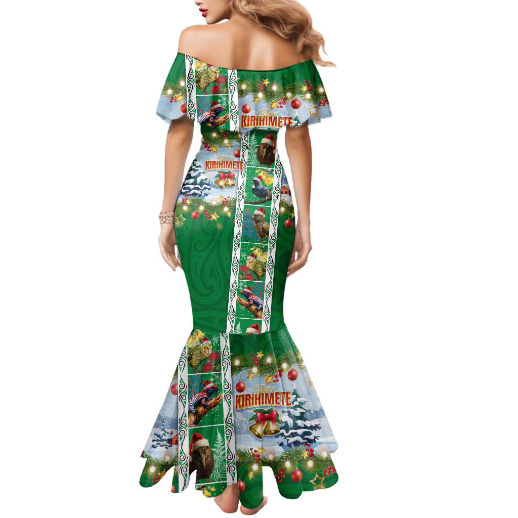 New Zealand Merry Christmas Family Matching Mermaid Dress and Hawaiian Shirt Maori Animals, Koru Tattoo - Green Xmas Style