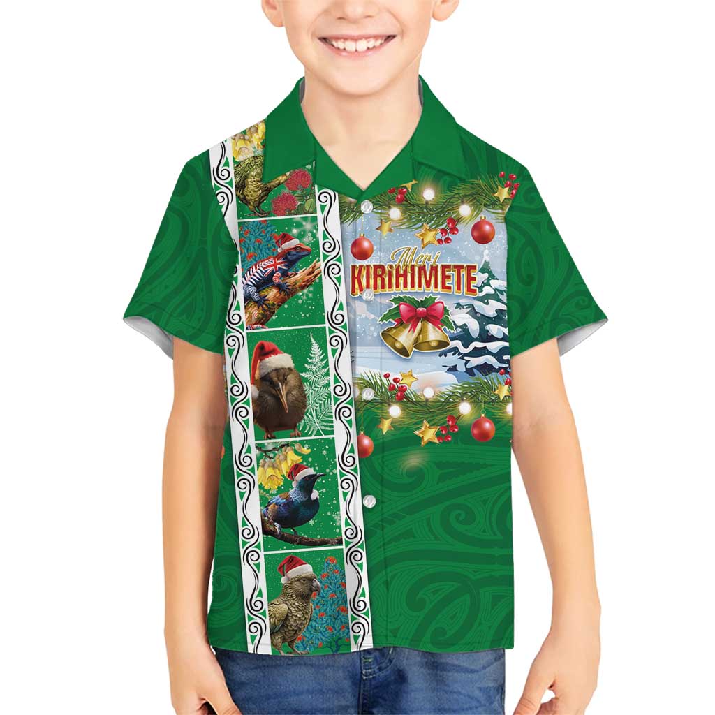 New Zealand Merry Christmas Family Matching Tank Maxi Dress and Hawaiian Shirt Maori Animals, Koru Tattoo - Green Xmas Style