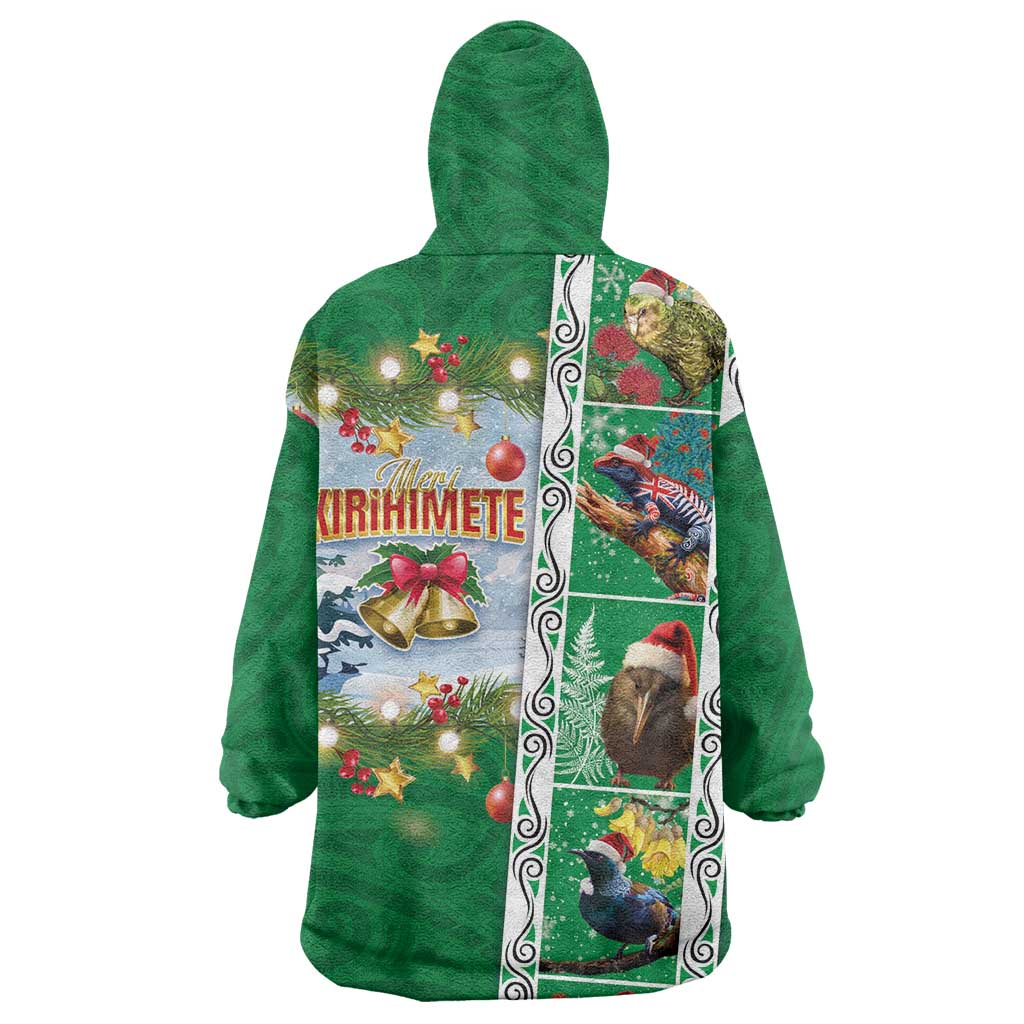 New Zealand Merry Christmas Wearable Blanket Hoodie Maori Animals, Koru Tattoo - Green Xmas Style