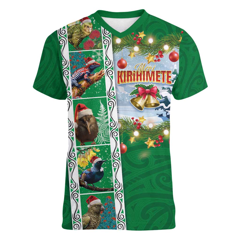 New Zealand Merry Christmas Women V-Neck T-Shirt Maori Animals, Koru Tattoo - Green Xmas Style LT03 Female Green - Polynesian Pride