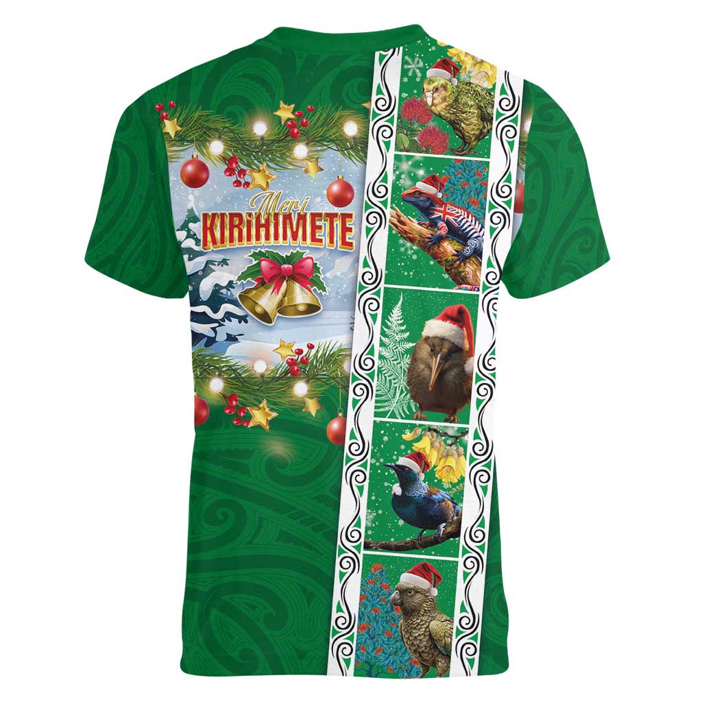 New Zealand Merry Christmas Women V-Neck T-Shirt Maori Animals, Koru Tattoo - Green Xmas Style LT03 - Polynesian Pride