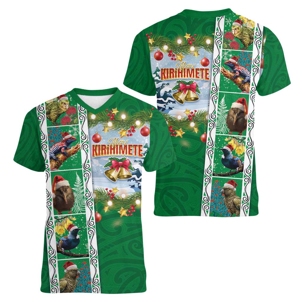New Zealand Merry Christmas Women V-Neck T-Shirt Maori Animals, Koru Tattoo - Green Xmas Style LT03 - Polynesian Pride