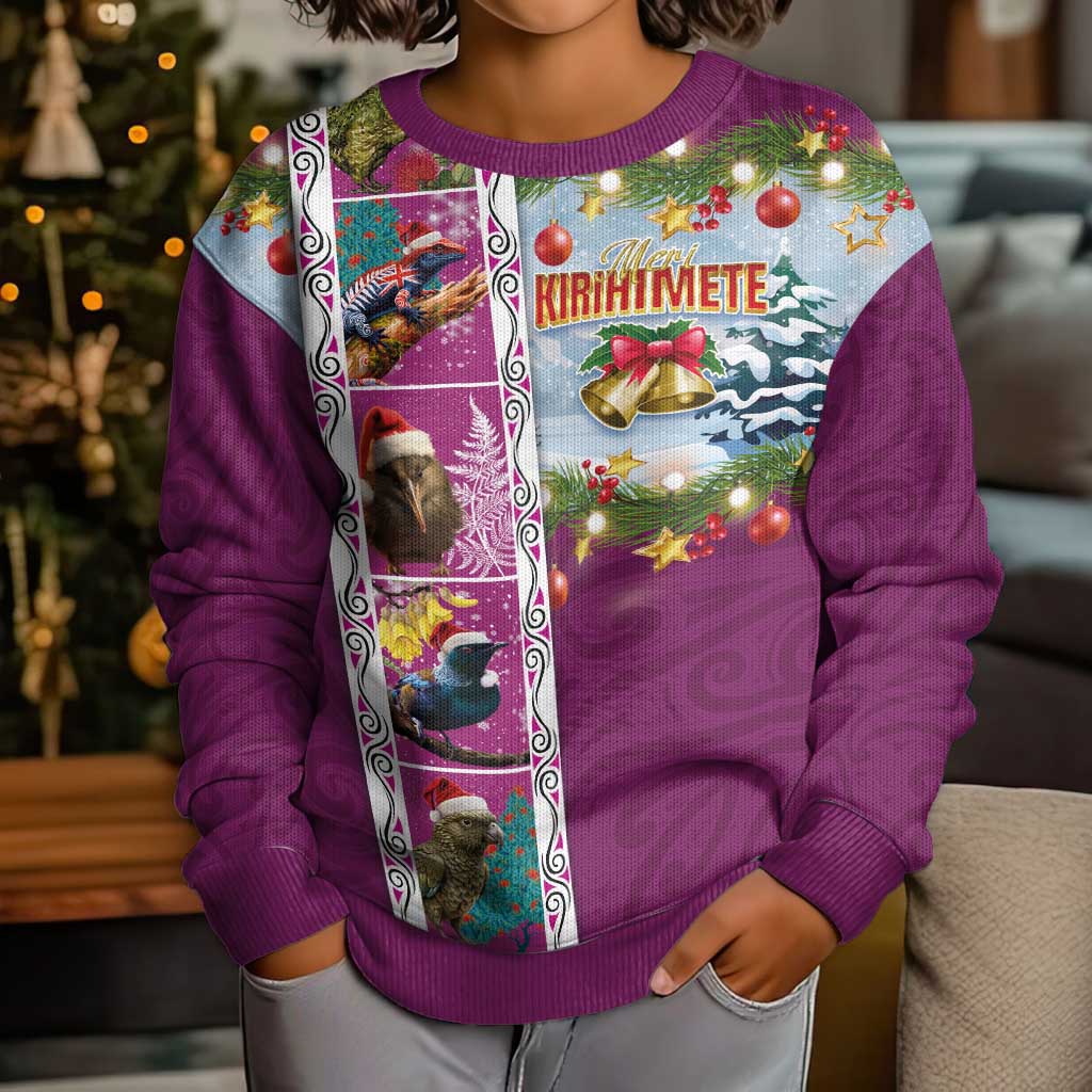 New Zealand Merry Christmas Kid Ugly Christmas Sweater Maori Animals, Koru Tattoo - Pink Xmas Style