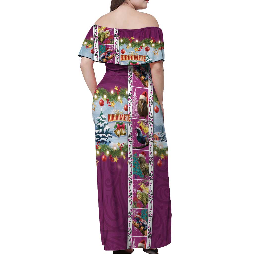 New Zealand Merry Christmas Off Shoulder Maxi Dress Maori Animals, Koru Tattoo - Pink Xmas Style