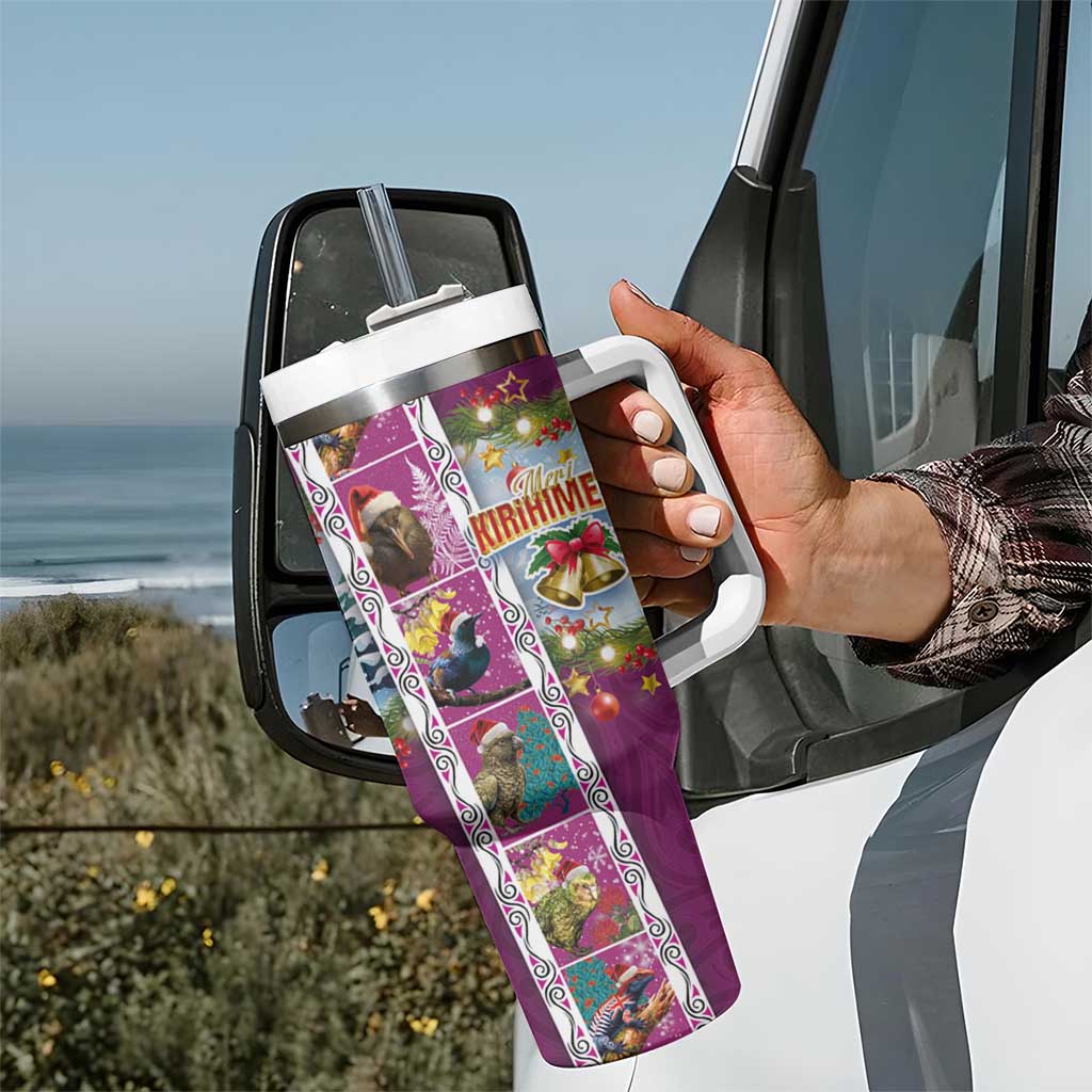 New Zealand Merry Christmas Tumbler With Handle Maori Animals Xmas Style and Koru Tattoo Pink Color