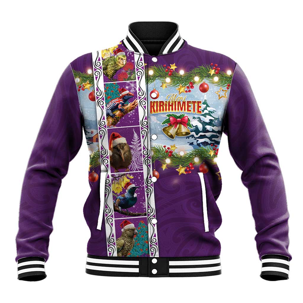 New Zealand Merry Christmas Baseball Jacket Maori Animals, Koru Tattoo - Purple Xmas Style
