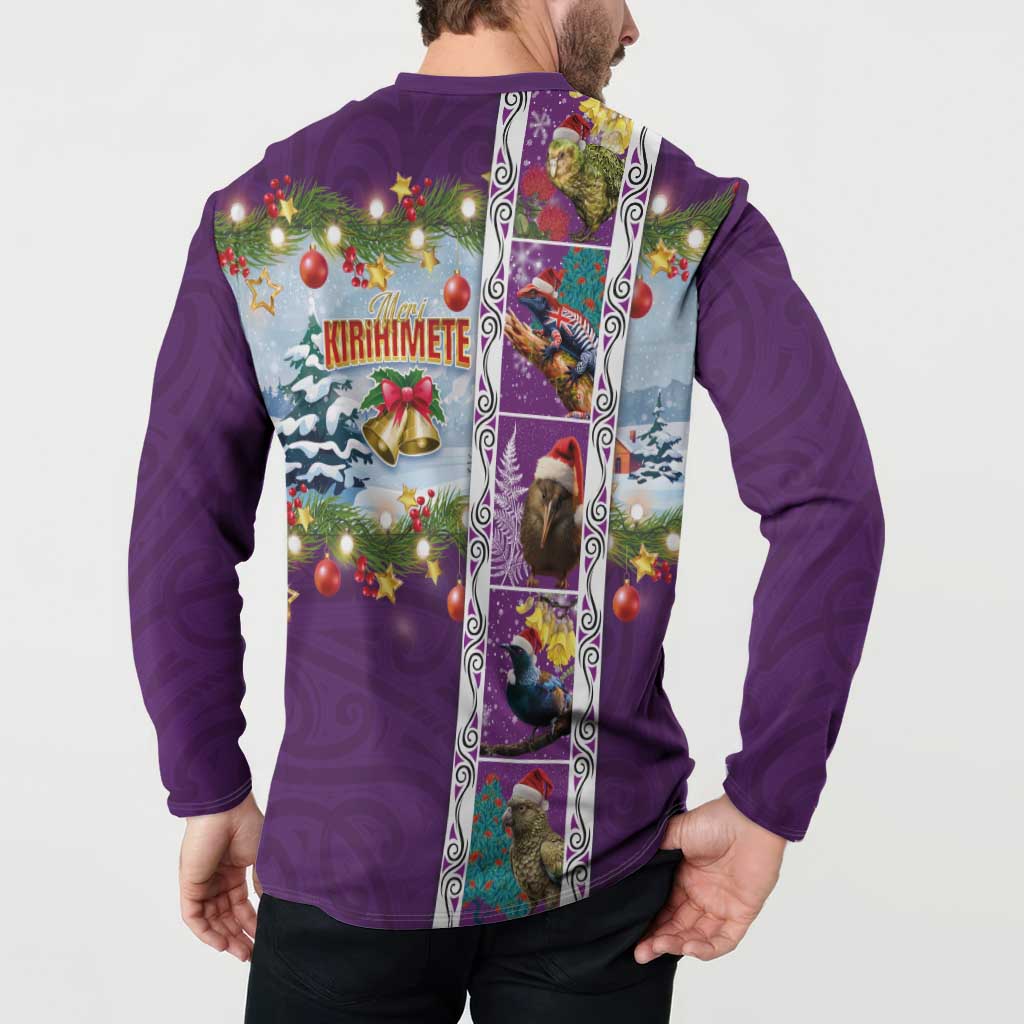 New Zealand Merry Christmas Button Sweatshirt Maori Animals, Koru Tattoo - Purple Xmas Style LT03 - Polynesian Pride