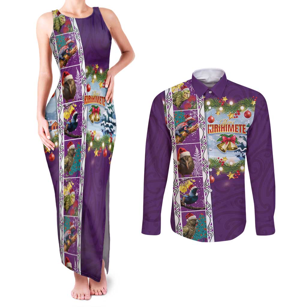 New Zealand Merry Christmas Couples Matching Tank Maxi Dress and Long Sleeve Button Shirt Maori Animals, Koru Tattoo - Purple Xmas Style LT03 Purple - Polynesian Pride
