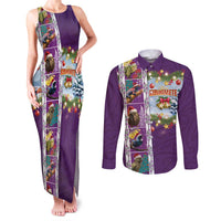 New Zealand Merry Christmas Couples Matching Tank Maxi Dress and Long Sleeve Button Shirt Maori Animals, Koru Tattoo - Purple Xmas Style LT03 Purple - Polynesian Pride