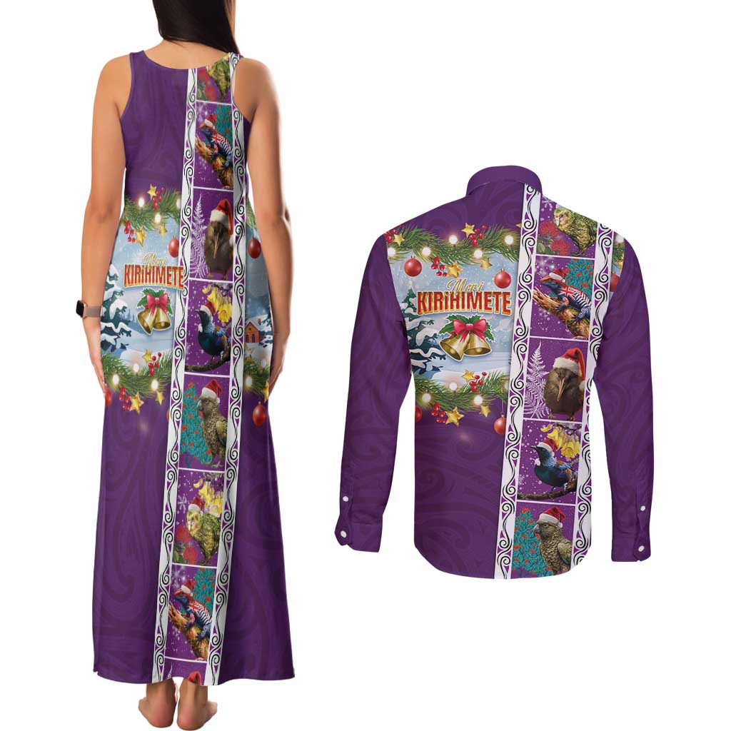New Zealand Merry Christmas Couples Matching Tank Maxi Dress and Long Sleeve Button Shirt Maori Animals, Koru Tattoo - Purple Xmas Style LT03 - Polynesian Pride