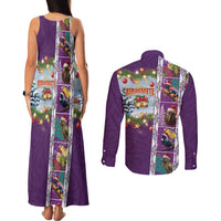 New Zealand Merry Christmas Couples Matching Tank Maxi Dress and Long Sleeve Button Shirt Maori Animals, Koru Tattoo - Purple Xmas Style LT03 - Polynesian Pride