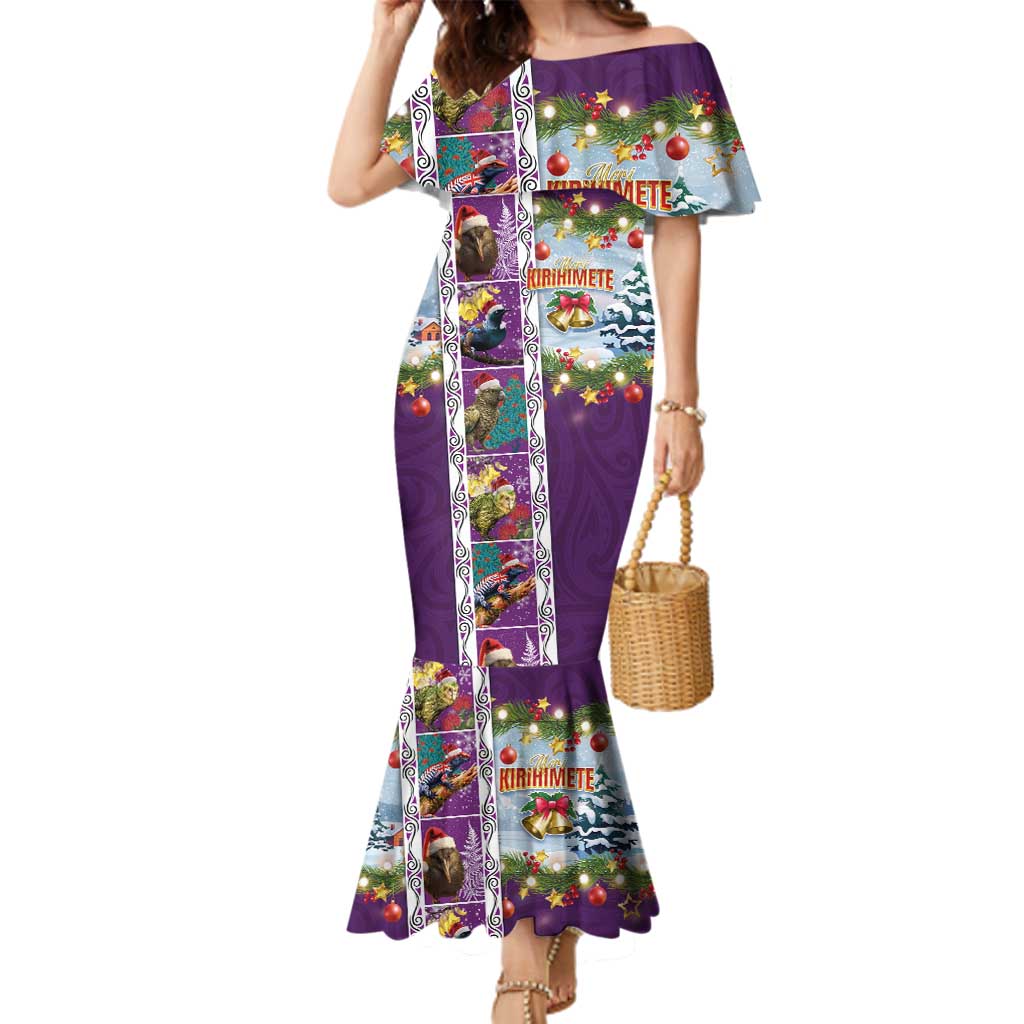 New Zealand Merry Christmas Family Matching Mermaid Dress and Hawaiian Shirt Maori Animals, Koru Tattoo - Purple Xmas Style