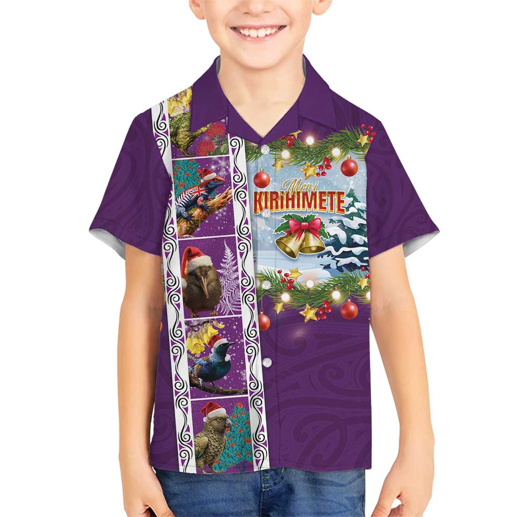New Zealand Merry Christmas Family Matching Tank Maxi Dress and Hawaiian Shirt Maori Animals, Koru Tattoo - Purple Xmas Style