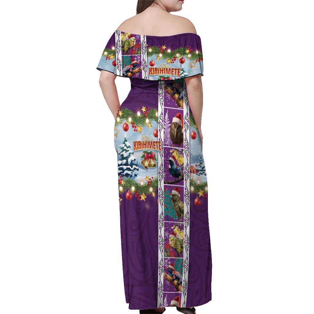 New Zealand Merry Christmas Off Shoulder Maxi Dress Maori Animals, Koru Tattoo - Purple Xmas Style