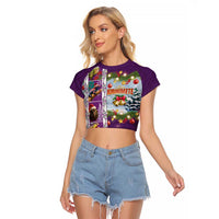 New Zealand Merry Christmas Raglan Cropped T Shirt Maori Animals, Koru Tattoo - Purple Xmas Style
