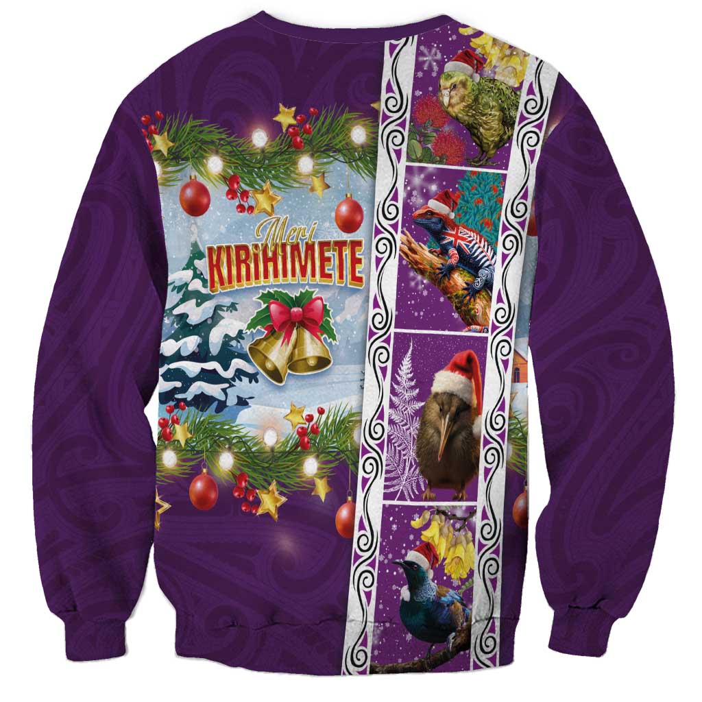 New Zealand Merry Christmas Sweatshirt Maori Animals, Koru Tattoo - Purple Xmas Style