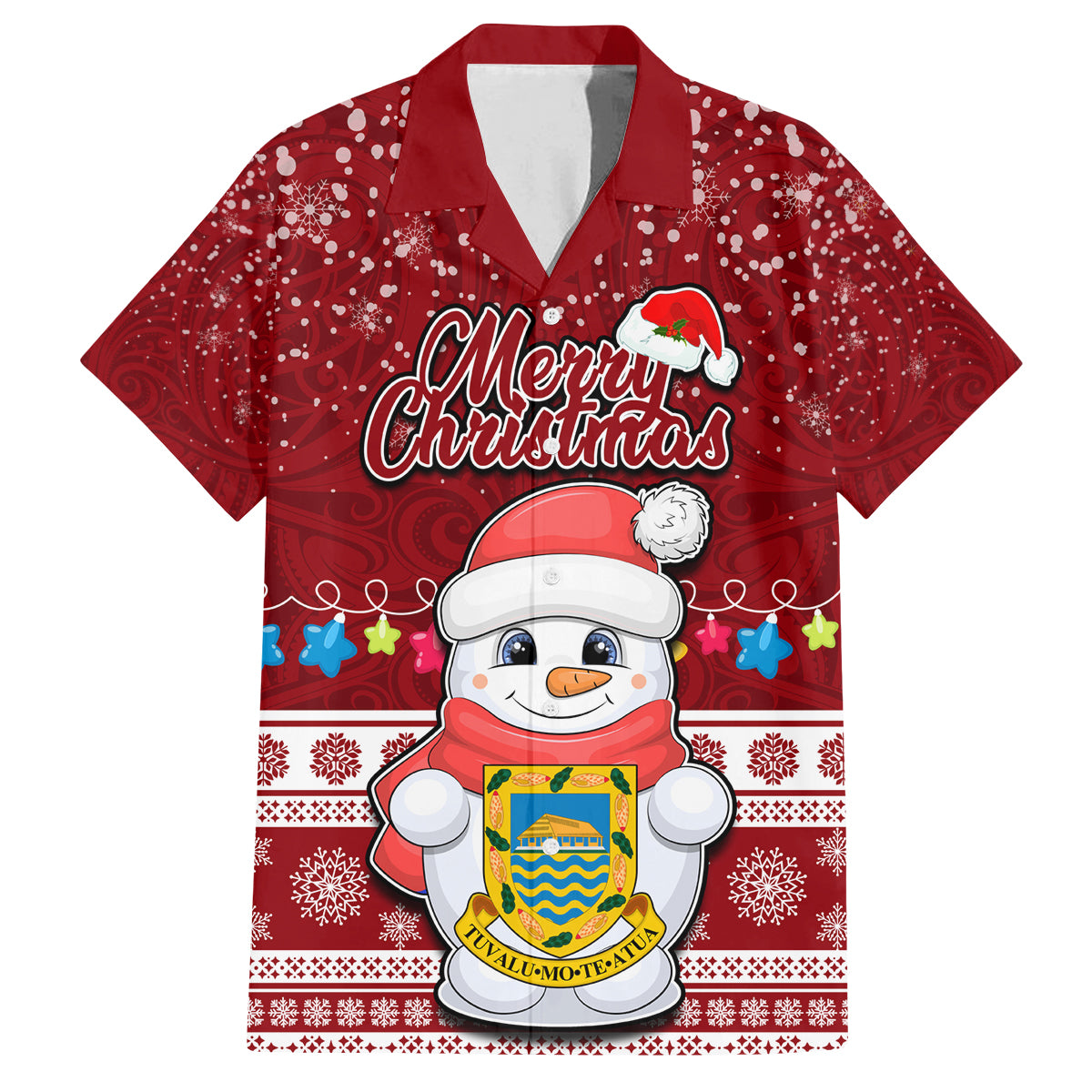 Tuvalu Christmas Family Matching Puletasi Dress and Hawaiian Shirt Snowman and Tuvalu Coat of Arms Maori Tribal Xmas Style LT03 Dad's Shirt - Short Sleeve Red - Polynesian Pride