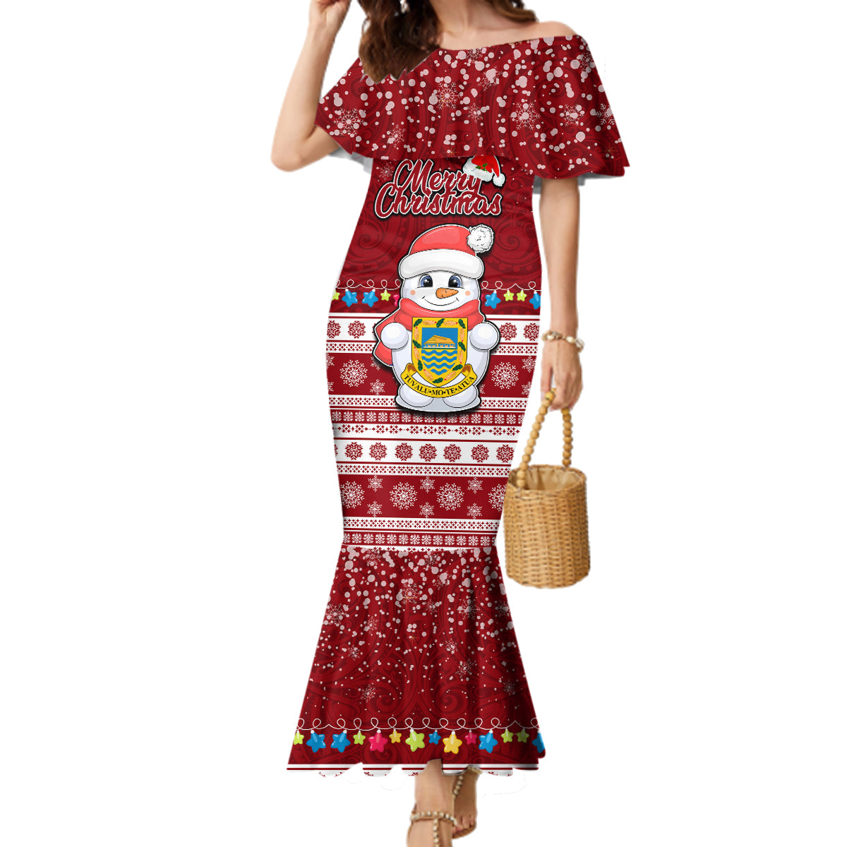 Personalised Tuvalu Christmas Family Matching Mermaid Dress and Hawaiian Shirt Snowman and Tuvalu Coat of Arms Maori Tribal Xmas Style LT03 Mom's Dress Red - Polynesian Pride