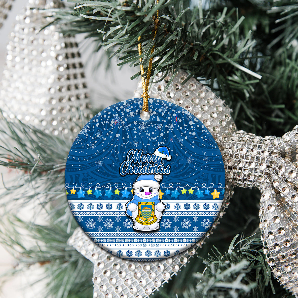 Tuvalu Christmas Ceramic Ornament Snowman Hugs Tuvalu Coat of Arms Maori Pattern Blue Style LT03 - Polynesian Pride
