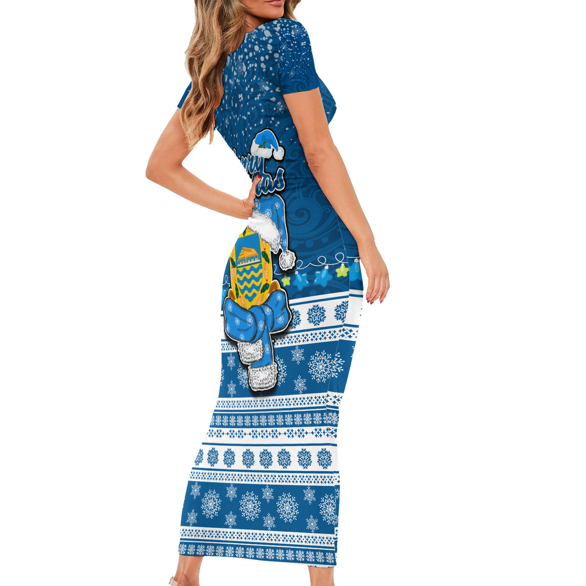 Tuvalu Christmas Short Sleeve Bodycon Dress Snowman Hugs Tuvalu Coat of Arms Maori Pattern Blue Style LT03 - Polynesian Pride