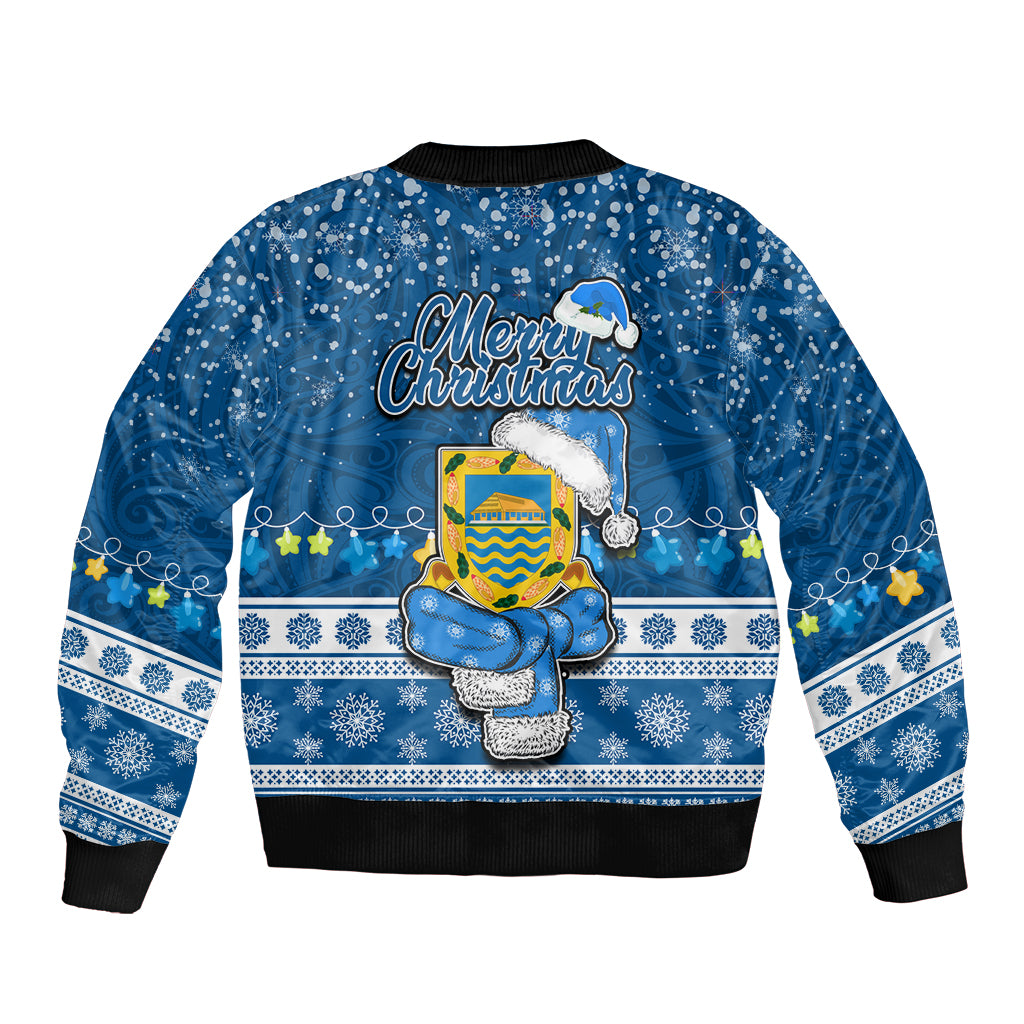 Tuvalu Christmas Sleeve Zip Bomber Jacket Snowman Hugs Tuvalu Coat of Arms Maori Pattern Blue Style LT03 - Polynesian Pride