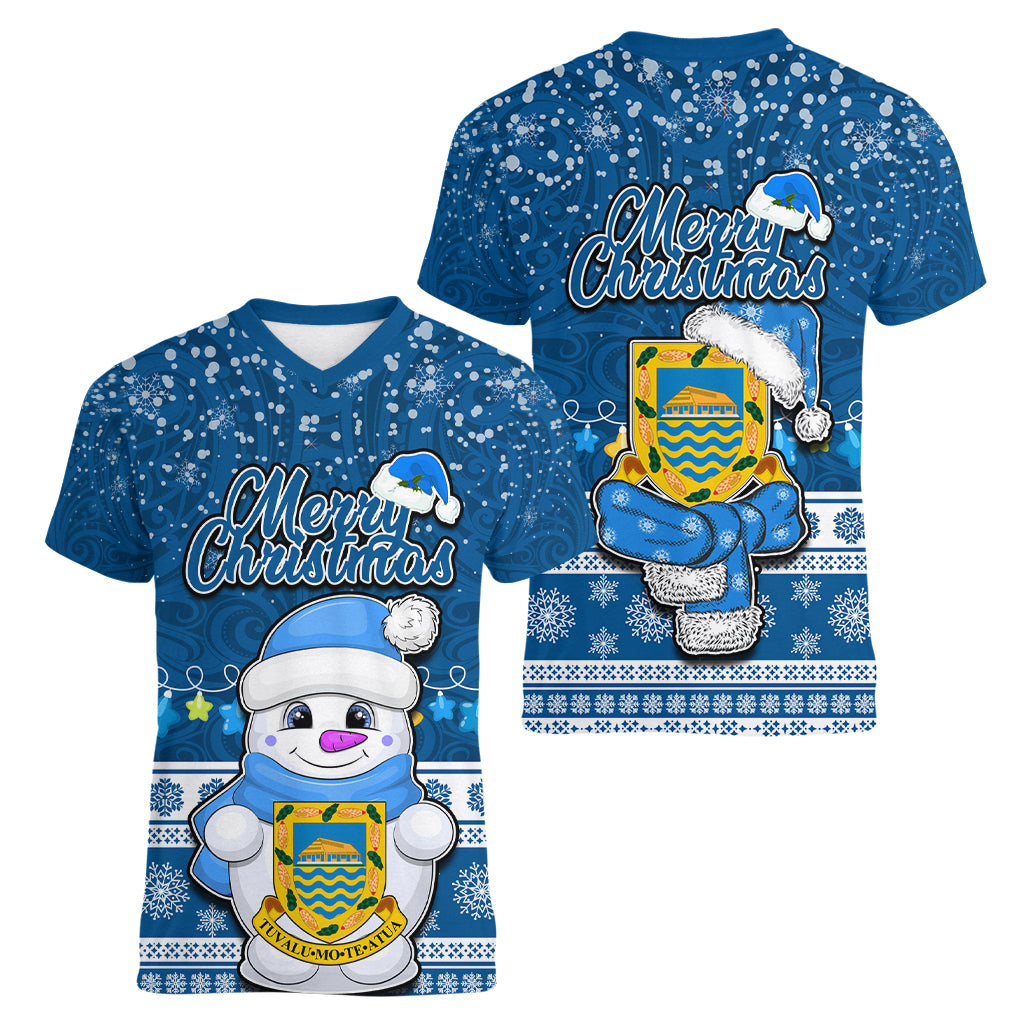 Tuvalu Christmas Women V Neck T Shirt Snowman Hugs Tuvalu Coat of Arms Maori Pattern Blue Style LT03 - Polynesian Pride