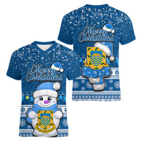 Tuvalu Christmas Women V Neck T Shirt Snowman Hugs Tuvalu Coat of Arms Maori Pattern Blue Style LT03 - Polynesian Pride