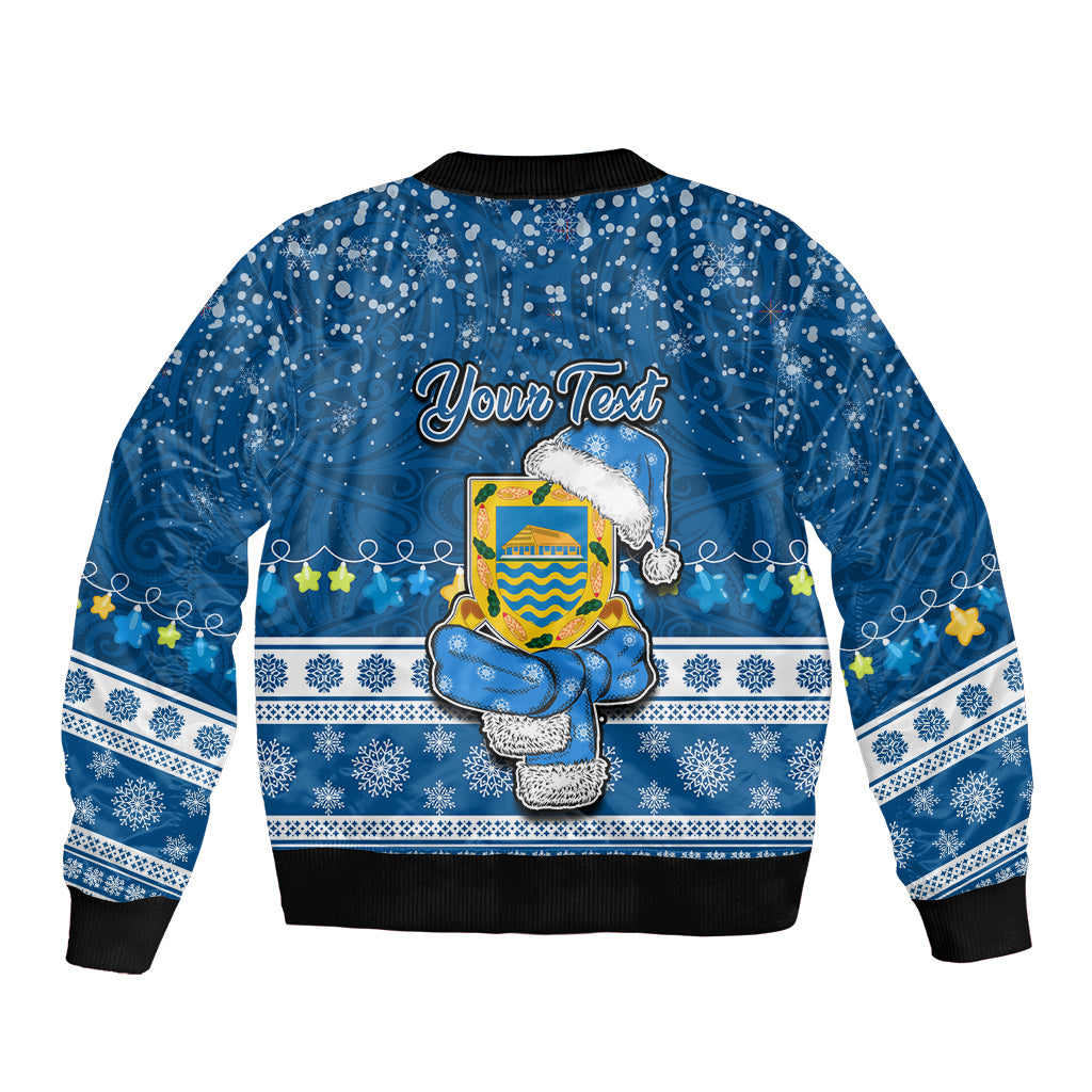 Personalised Tuvalu Christmas Bomber Jacket Snowman Hugs Tuvalu Coat of Arms Maori Pattern Blue Style LT03 - Polynesian Pride