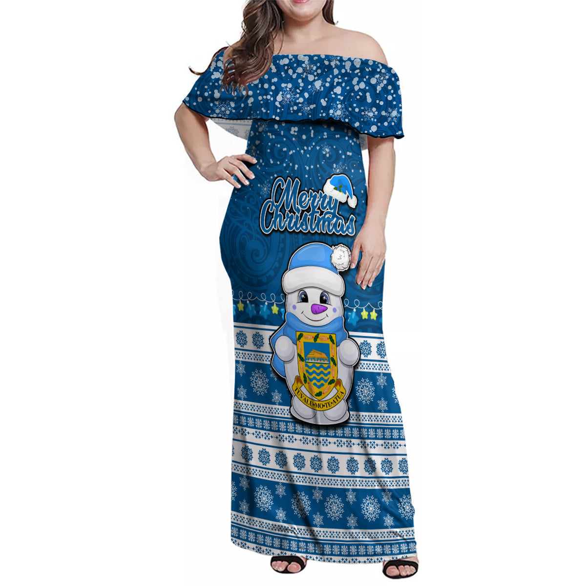 Personalised Tuvalu Christmas Family Matching Off Shoulder Maxi Dress and Hawaiian Shirt Snowman Hugs Tuvalu Coat of Arms Maori Pattern Blue Style LT03 Mom's Dress Blue - Polynesian Pride