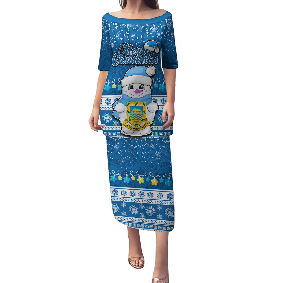 Personalised Tuvalu Christmas Family Matching Puletasi Dress and Hawaiian Shirt Snowman Hugs Tuvalu Coat of Arms Maori Pattern Blue Style LT03 Mom's Dress Blue - Polynesian Pride